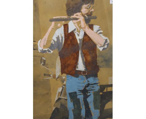 Mid 20th Century mixed media study, portrait of a flautist, signed indistinctly, 29ins x 20.5ins, gilt framed 