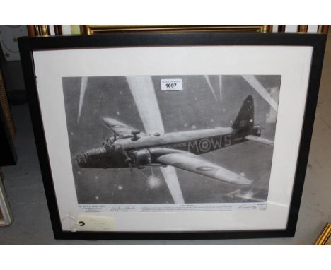 Black and white Limited Edition print of a Wellington bomber, signed by squadron leader B.A. Jimmy James, 12ins x 16ins, anot