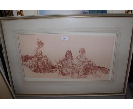 Sir William Russell Flint, signed sepia toned monochrome print, three seated girls, 11.75ins x 23.25ins approximately, framed