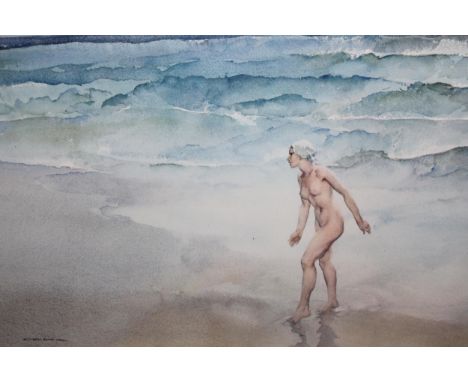 Sir William Russell Flint, signed colour print of a girl on a beach, together with three various watercolours and two prints 