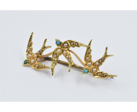 Gold turquoise and seed pearl set swallow bar brooch, together with an enamel decorated gilt metal bar broochSwallows - 44mm 