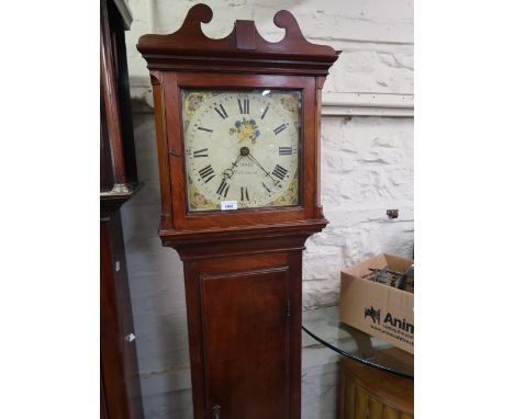 Mahogany longcase clock, the square hood with a swan neck pediment above the rectangular panel door, the painted dial with Ar