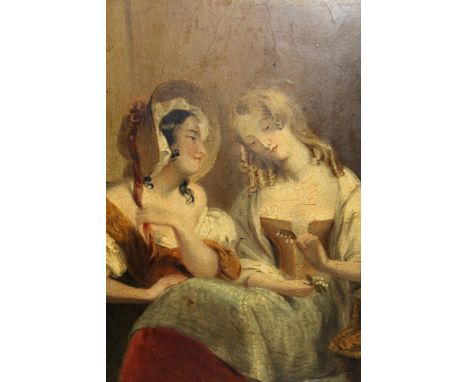 19th Century oil on millboard, portrait of two young ladies in an interior, 13.5ins x 11ins 