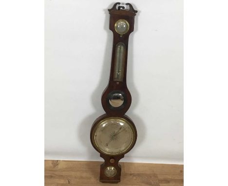 Of local interest: mid 19th century mahogany wheel barometer by Gobbi of Swaffham, with dry/damp gauge, thermometer over conv