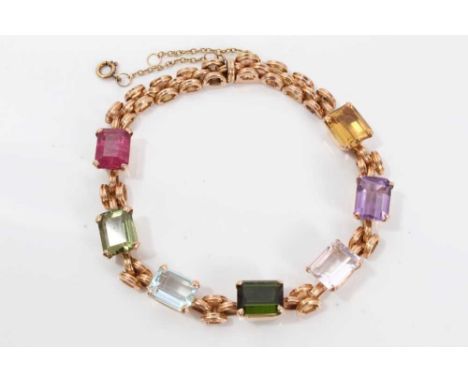Rose gold and multi-gem bracelet with rectangular step-cut semi-precious stones in rose gold setting, 18cmCondition report: V
