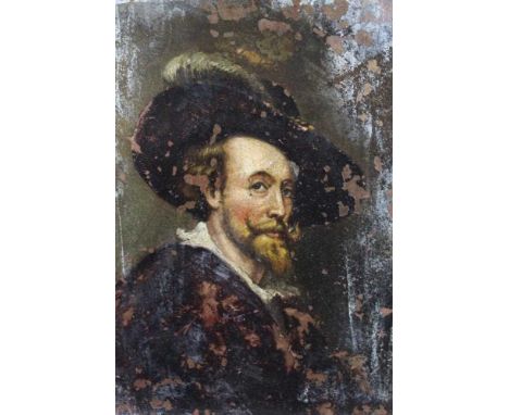 Early 18th century oil on copper after Sir Peter Paul Rubens, self portrait, unframed, 24 x 18cm