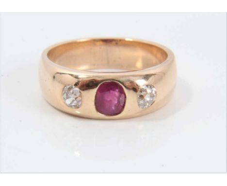 Victorian ruby and diamond three stone gypsy ring with an oval mixed cut ruby, possibly of Burmese origin, measuring approxim