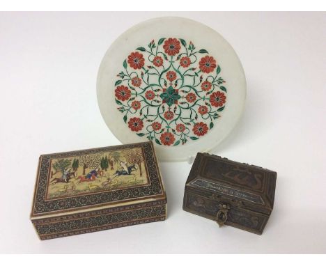 Three Middle Eastern items, including an Agra inlaid hardstone dish, an inlaid and relief-decorated box, possibly Pakistani, 