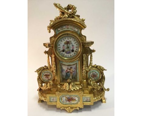 Fine 19th century French ormolu and Sévres style plaque mounted mantel clock with painted romantic figures and musical and ga
