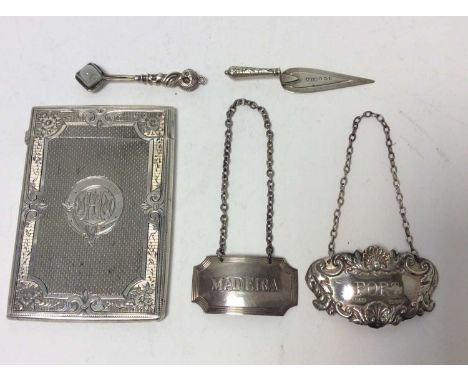 Victorian silver card case of rectangular form with engine turned decoration and engraved foliate and scroll borders (Birming