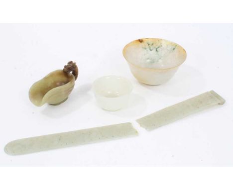 Collection of antique jade including carved green mutton jade scoop form vessel with dragon handle, 10cm long, two bowls 10cm