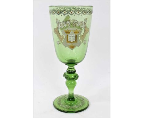 Green coloured wine glass, enamelled with the crest of Oxford University and a ribbon inscribed 'The University of Oxford', 1