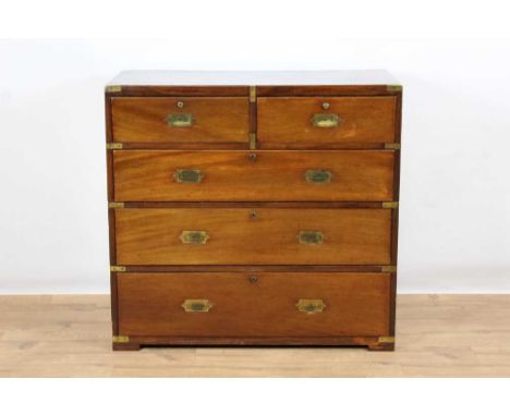 Victorian mahogany and brass bound military secretarie chest, in two parts, with two short over three long drawers, each with