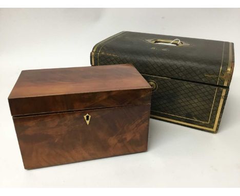 Early 19th century flame mahogany tea caddy, with twin lidded compartments, 20cm wide, together a Victorian leather and brass