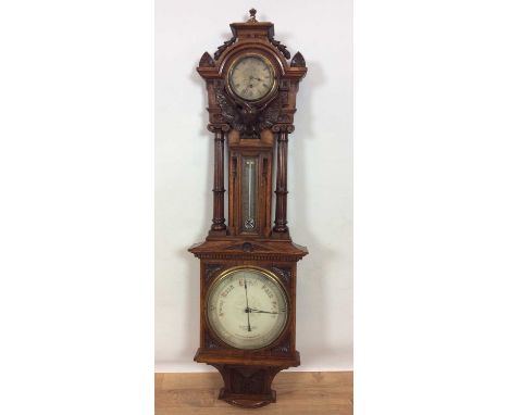 Ornate Victorian Short &amp; Mason oak cased aneroid barometer, the tall architectural case with silvered clock dial over orn