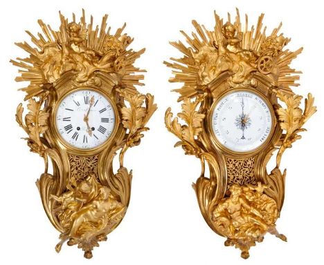 Fine 19th century French gilt ormolu cartel wall clock and accompanying barometer by Etienne Lenoir, Paris, in the Louis XV s
