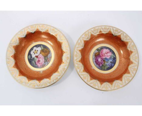Pair of Chamberlain's Worcester deep plates, c.1807-10, finely painted with flowers on orange and gilt grounds, inscribed mar