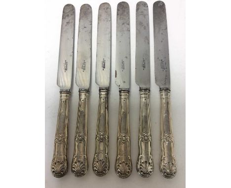 Set of Six George III silver handled Kings pattern dinner knives (London 1812), maker Paul Storr, with steel blades stamped '