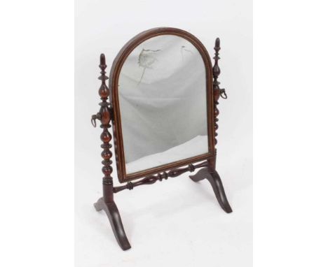 18th century turned beech swing framed mirror, the arched plate in inlaid frame between bobbin turned uprights with acorn fin