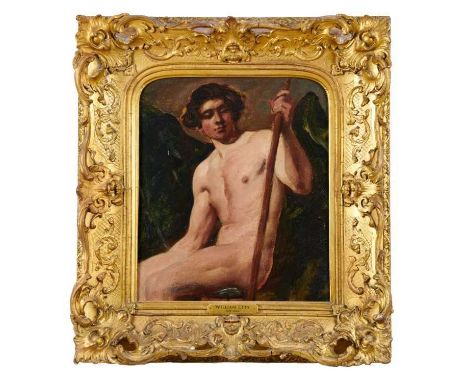 Attributed to William Etty (1787-1849), oil sketch on panel - a seated male nude, apparently unsigned, in good swept gilt fra