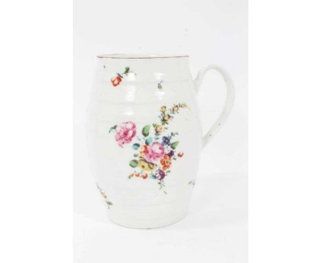 Derby barrel-shaped mug, c.1760, polychrome painted with floral sprays, 14.5cm heightCondition report: Good condition, with j