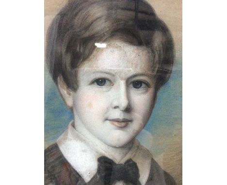 Victorian English School pastel and charcoal - portrait of a young boy in black coat and bow tie, in rosewood frame, 57cm x 4