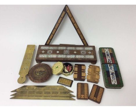 Collection of cribbage boards, including a Japanese cloisonne example, a mother of pearl inlaid example and others, along wit