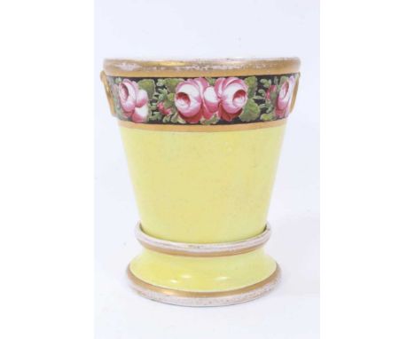 Coalport yellow-ground jardiniere and stand, c.1800-10, decorated with a band of roses, 13.5cm height including standConditio