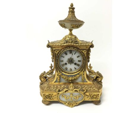 Good quality 19th century French Ormolu and White alabaster mantel clock with urn and floral swag decoration , pendulum prese