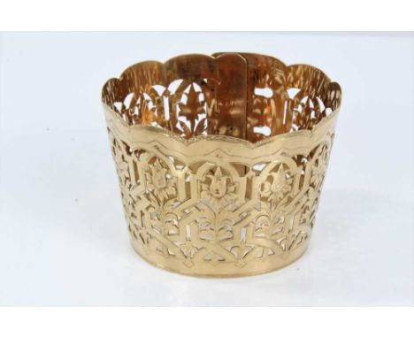19th century gold cuff bangle with a wide pierced and engraved band with gothic floral decoration and buckle style clasp. App