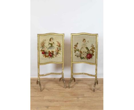 Pair of 19th century gilt and gesso fire screens with shaped tops, each with tapestry panel depicting ladies with flowers, on