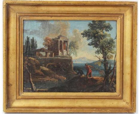 Attributed to Marco Ricci (1676–1730), oil on canvas - Classical Temple Ruins with Fisherman casting their nets with view of 