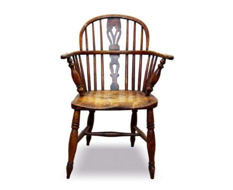 19th century ash and elm Windsor chair, with arched stick back and solid saddle seat on turned legs and H-shaped stretcherCon