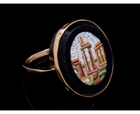 Italian micromosaic ring, the oval panel depicting a classical architectural ruin, in 9ct gold mount on plain gold shank, rin