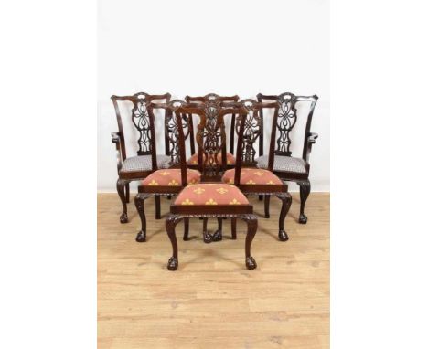 Set of six Chippendale style mahogany dining chairs, each with eared top rail and pierced knot work vase shaped splat, with s