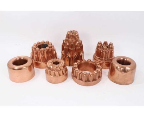 Fine collection of 19th century copper jelly moulds, including tall spire mould stamped S B Avery and numbered 215, 21cm high
