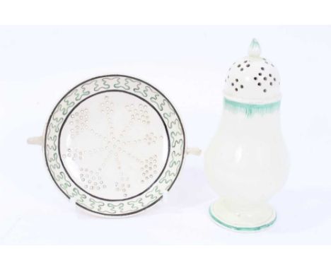Creamware baluster-shaped castor, c.1780, and a Wedgwood creamware drainer, both with enamel decoration, the castor measuring