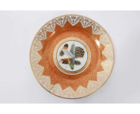 Chamberlain's Worcester plate, c.1807-10, painted with feathers on an orange and gilt ground, inscribed mark to base, 22cm di