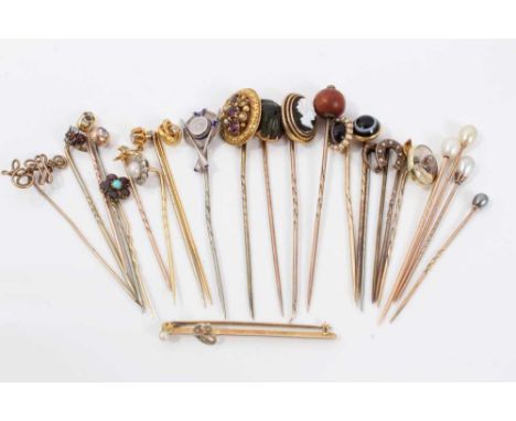 Collection of approximately 25 antique stick pins to include an Edwardian pearl and diamond cluster stick pin, a Regency/earl