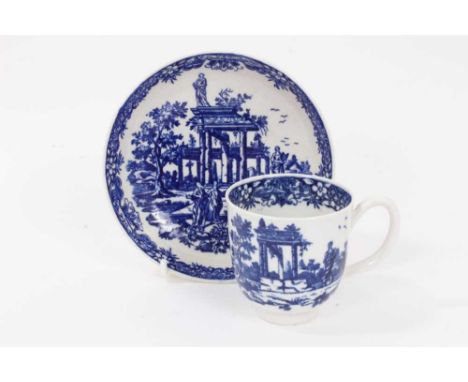 Worcester coffee cup and saucer, c.1775, printed in blue with ruins, crescent marks, the saucer measuring 12cm diameterCondit