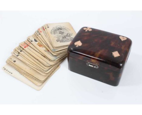 Victorian tortoiseshell playing card box of rectangular form with domed hinged cover and silver hinge and internal clips, (Lo