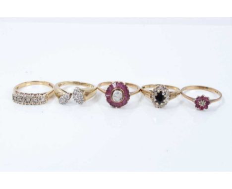 Group of five 9ct golds and gem set rings to include two diamond set rings, two ruby and diamond rings and a sapphire and dia