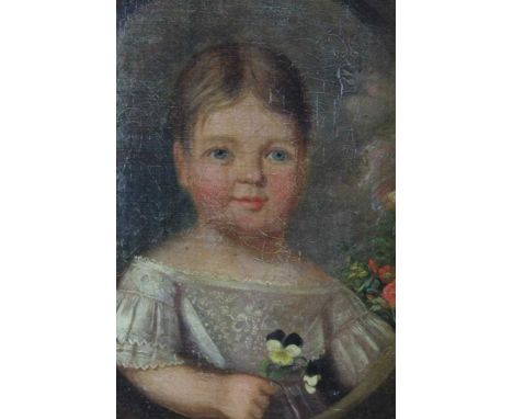 Victorian English School oil on canvas - portrait of a child clutching pansies painted in an oval, in walnut veneered frame, 