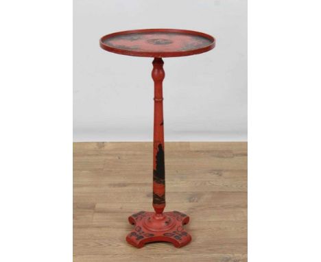 Red lacquered wine table circa 1920, with circular dished top on turned column and quadruped underscroll base, 36cm diameterC