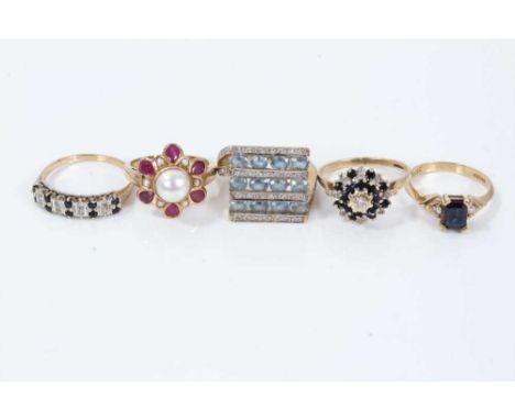 Group of five 9ct gold and gem-set rings to include ruby and cultured pearls cluster ring, blue topaz and diamond cluster rin