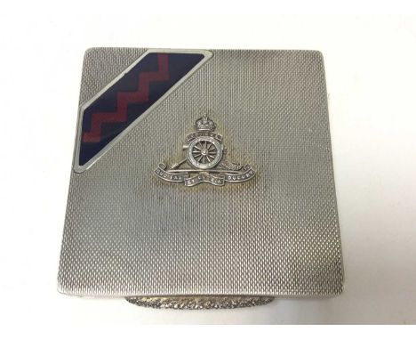 George VI silver and enamel Royal Artillery Sweetheart powder compact of square form with engine turned decoration, enamel fl