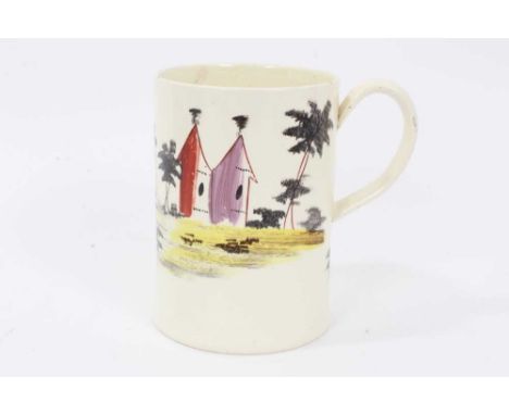Leeds creamware cylindrical mug, c.1770, painted with houses and trees, 10cm heightCondition report: Good condition. Couple o