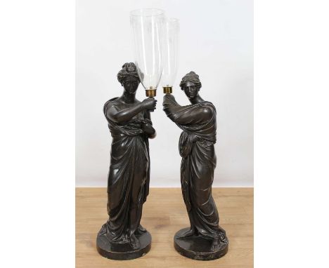 Pair of impressive ebonised plaster neo-classical lamps after Humphrey Hopper, each with Etruscan style etched glass shade he