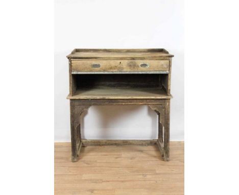 Rare early 20th century oak trading counter, with gallery top and rear drawer, the front emblazoned 54 - John K. King &amp; S