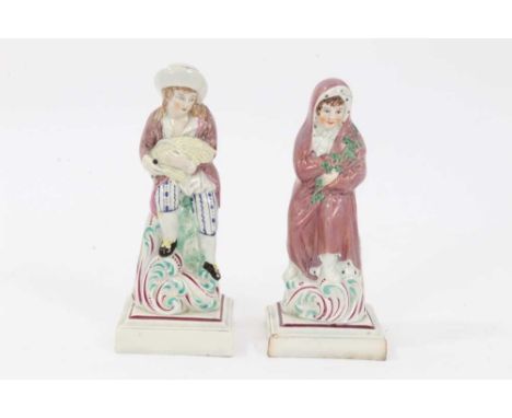 Two rare Staffordshire pearlware figures of 'Summer' and 'Winter', c.1790, both shown seated on tree stumps with scrollwork d